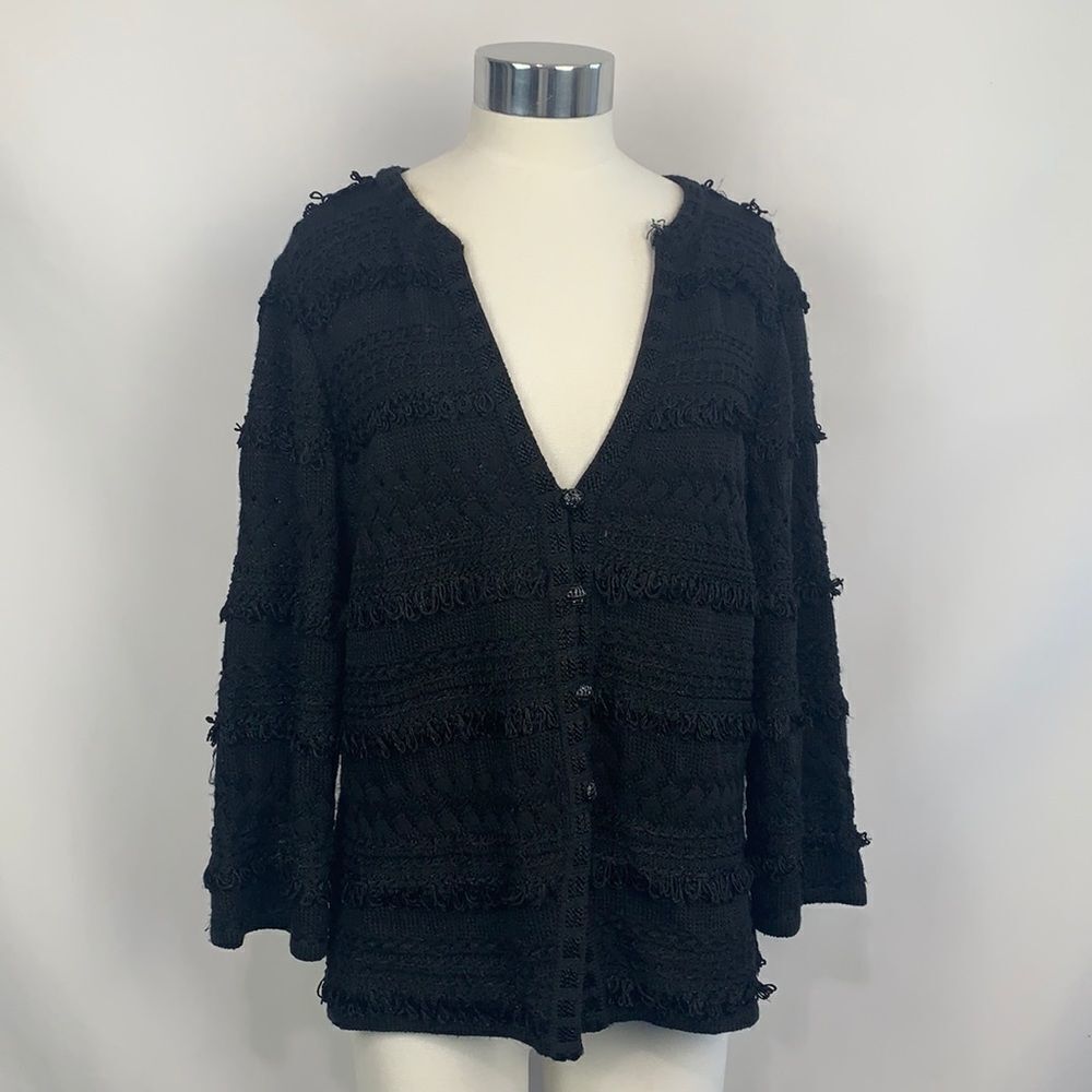 St. John black with fringe shimmer knit cardigan